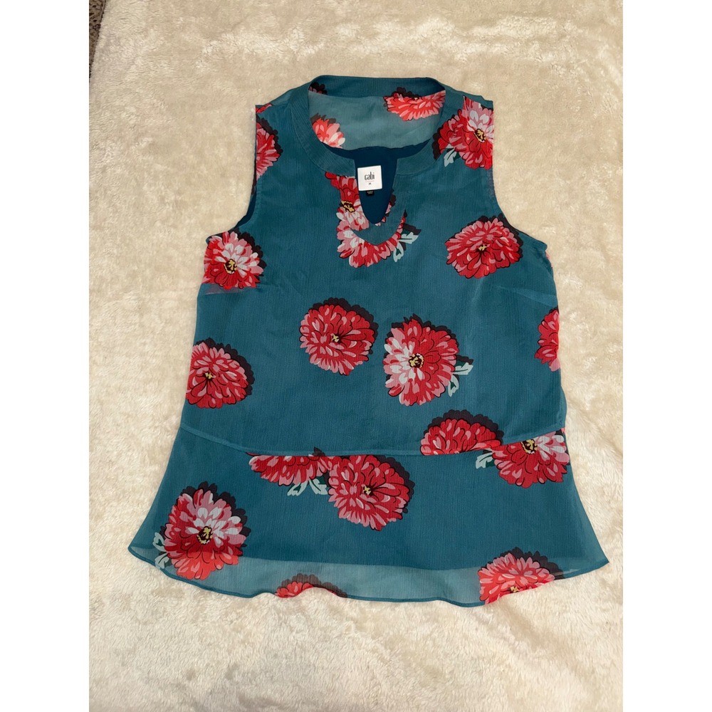 Cabi Lotus Top 3445 Teal Blue Red Floral Tiered Sleeveless Blouse Womens Medium